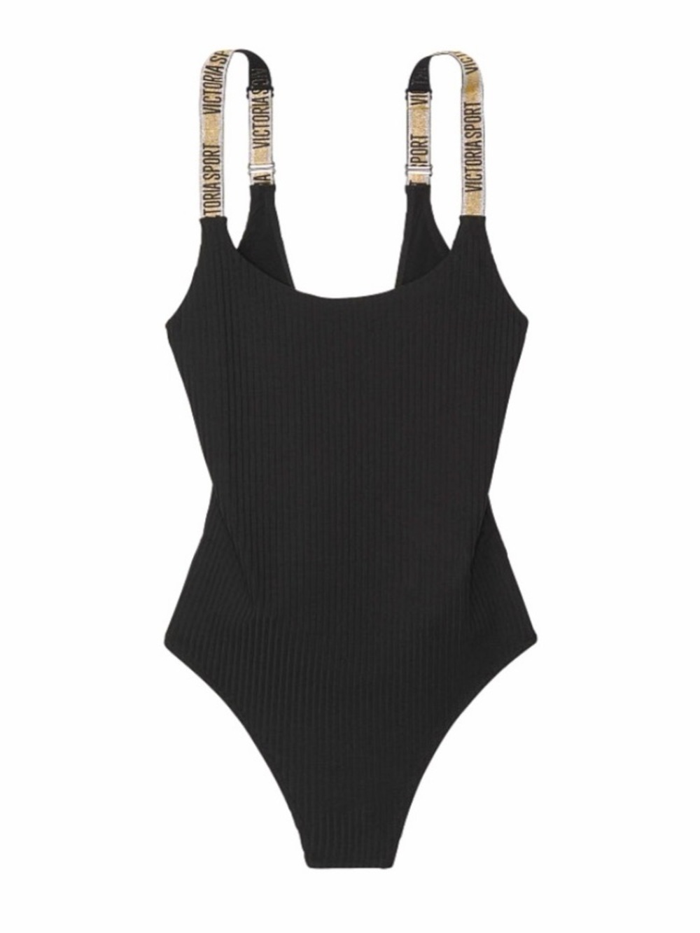 Victoria's Secret Black Ribbed One-Piece with Branded Straps NWOT Size Medium